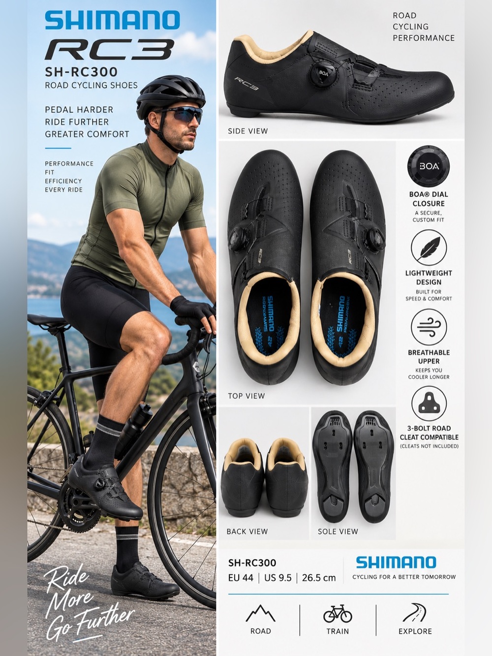 Shimano RC3 SH-RC300 Road Cycling Shoes Black BOA EU 44 US 9.5 Men’s